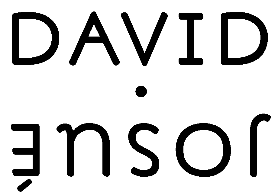 La imagen muestra "DAVID" en mayúsculas grandes y en negrita, letra sans-serif, encima de "jouse" en minúsculas y al revés, separados por un punto centrado. El texto es negro sobre fondo transparente.
